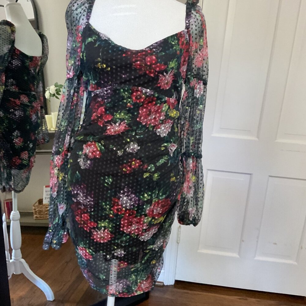 Long Sleeve Textured Mesh Mini Dress in Black Base Floral Size 8